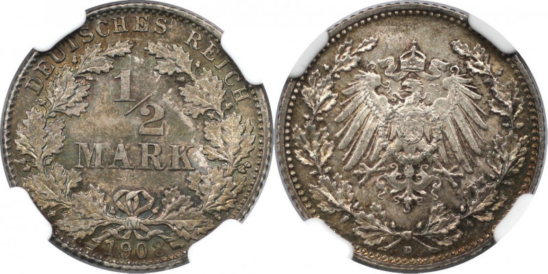 Deutsche Münzen und Medaillen ab 1871, REICHSKLEINMÜNZEN. 1/2 Mark 1908 D. Silbe...