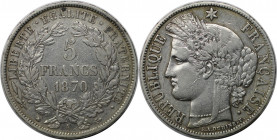 Europäische Münzen und Medaillen, Frankreich / France. Ceres. 5 Francs 1870 A, Silber. KM 819. Sehr schön+