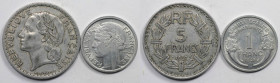 Europäische Münzen und Medaillen, Frankreich / France, Lots und Sammlungen. 1 Franc 1943, KM 885a.1, 5 Francs 1947, KM 888b.2. Lot von 2 Münzen. Alumi...