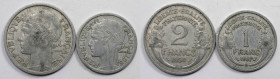 Europäische Münzen und Medaillen, Frankreich / France, Lots und Sammlungen. 1 Franc 1947, KM 885a.1, 2 Francs 1950, KM 886a.1. Lot von 2 Münzen. Alumi...