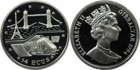Europäische Münzen und Medaillen, Gibraltar. Eisenbahntunnel Frankreich-England - Le Shuttel-Zug. 14 Ecus 1994. 10,0 g. 0.925 Silber. 0.3 OZ. KM 485. ...