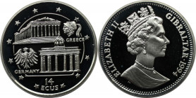 Europäische Münzen und Medaillen, Gibraltar. Präsidentschaft im EU-Rat - Akropolis + Brandenburger Tor. 14 Ecus 1994. 10,0 g. 0.925 Silber. 0.3 OZ. KM...