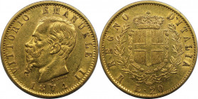 Europäische Münzen und Medaillen, Italien / Italy. Vittorio Emanuele II. (1861-1878). 20 Lire 1874, Rom. Gold. 21.00 mm. Pag. 471, Mont. 147. Sehr sch...