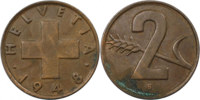 Europäische Münzen und Medaillen, Schweiz / Switzerland. 2 Rappen 1948. Bronze. ...