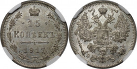 Russische Münzen und Medaillen, Nikolaus II. (1894-1918). 15 Kopeken 1917 BC, Silber. Bitkin 144 (R). NGC MS 64