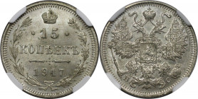 Russische Münzen und Medaillen, Nikolaus II. (1894-1918). 15 Kopeken 1917 BC, Silber. Bitkin 144 (R). NGC MS 65