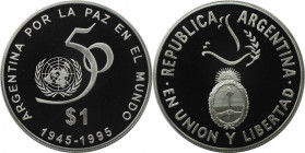 Weltmünzen und Medaillen, Argentinien / Argentina. 50 Jahre Vereinte Nationen. 1 Peso 1995. 25,0 g. 0.900 Silber. 0.72 OZ. KM 126. Polierte Platte