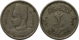 Weltmünzen und Medaillen, Ägypten / Egypt. Farouk. 2 Milliemes 1938. Kupfer-Nickel. KM 359. Fast Vorzüglich