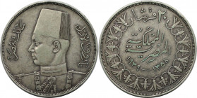 Weltmünzen und Medaillen, Ägypten / Egypt. Farouk. 20 Piastres 1939. Silber. KM 368. Vorzüglich