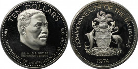 Weltmünzen und Medaillen, Bahamas. Erster Jahrestag der Unabhänigkeit - Sir Milo B. Butler. 10 Dollars 1974. 50,42 g. 0.925 Silber. 1.5 OZ. KM 68a. Po...