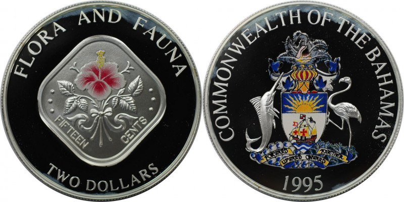 Weltmünzen und Medaillen, Bahamas. Farbmünze. Hibiskus. 2 Dollars 1995. 30,08 g....