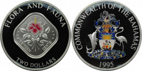 Weltmünzen und Medaillen, Bahamas. Farbmünze. Hibiskus. 2 Dollars 1995. 30,08 g. 0.999 Silber. 1 OZ. KM 164. Polierte Platte