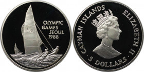 Weltmünzen und Medaillen, Cayman Islands. Olympische Spiele in Seoul - Segelschiff. 5 Dollars 1988. 28,28 g. 0.925 Silber. 0.84 OZ. KM 143. Polierte P...