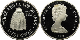 Weltmünzen und Medaillen, Turks und Caicos Inseln / Turks and Caicos Islands. Kaktus. 5 Crowns 1976, Silber. KM 6. Polierte Platte
