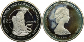 Weltmünzen und Medaillen, Turks und Caicos Inseln / Turks and Caicos Islands. 25. Jahrestag der Krönung der Königin Elizabeth II. Der weiße Windhund v...