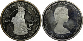 Weltmünzen und Medaillen, Turks und Caicos Inseln / Turks and Caicos Islands. 25. Jahrestag der Krönung der Königin Elizabeth II. Stier von Clarence. ...