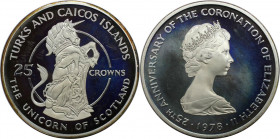 Weltmünzen und Medaillen, Turks und Caicos Inseln / Turks and Caicos Islands. 25. Jahrestag der Krönung der Königin Elizabeth II. Einhorn von Schottla...