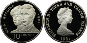 Weltmünzen und Medaillen, Turks und Caicos Inseln / Turks and Caicos Islands. Hochzeit von Prinz Charles und Lady Diana. 10 Crowns 1981, Silber. 0.88 ...
