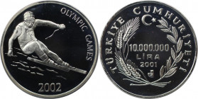 Weltmünzen und Medaillen, Türkei / Turkey. XIX. Olympische Winterspiele 2002 in Salt Lake City - Slalom. 10000000 Lira 2001. Silber. Polierte Platte