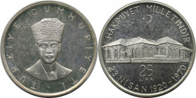 Weltmünzen und Medaillen, Türkei / Turkey. 50. Jahrestag der Nationalversammlung in Ankara. 25 Lira 1970. Silber. KM 897. Stempelglanz