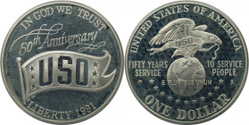 Weltmünzen und Medaillen, Vereinigte Staaten / USA / United States. 50 Jahre United Service Organizations. 1 Dollar 1991 S. 26,73 g. 0.900 Silber. 0.7...
