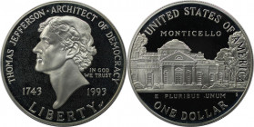 Weltmünzen und Medaillen, Vereinigte Staaten / USA / United States. 250. Geburtstag von Thomas Jefferson. 1 Dollar 1993 S. 26,73 g. 0.900 Silber. 0.77...