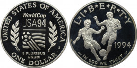 Weltmünzen und Medaillen, Vereinigte Staaten / USA / United States. XV. Fußball WM 1994 - USA. 1 Dollar 1994 S. 26,73 g. 0.900 Silber. 0.77 OZ. KM 247...