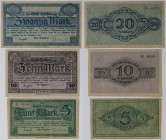 Banknoten, Deutschland / Germany, Lots und Sammlungen. Notgeld Cottbus, Brandenburg. 5, 10, 20 Mark 20.11.1918. Geiger 85.01a, 02a, 03. Lot von 3 Bank...