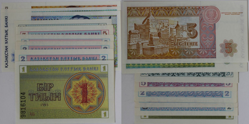 Banknoten, Kasachstan / Kazakhstan, Lots und Sammlungen. 1, 3, 5 Tenge, 1, 2, 5,...