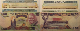Banknoten, Sambia / Zambia, Lots und Sammlungen. 3 x 2 Kwacha 1980-88, P.024c, 5 Kwacha 1980-88, P.025d, 10 Kwacha 1989-91, P.31A, 20 Kwacha 1980-91, ...