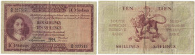Banknoten, Südafrika / South Africa. 10 Shillings 1950. Erste Zeilen mit Banknamen und Wert in Afrikaans. Pick 91c. III-