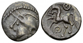 Aedui AR Quinarius, c. 80-50 BC 

Celtic Gaul, Aedui. AR Quinarius (13 mm, 1.87 g), c. 80-50 BC.
 Obv. Celticized head of Roma to left.
 Rev. Hors...
