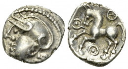 Aedui AR Quinarius, c. 80-50 BC

Celtic Gaul, Aedui. AR Quinarius (14-15 mm, 1.91 g), c. 80-50 BC.
Obv. Celticized head of Roma to left.
Rev. Hors...