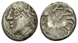 Aedui AR Quinarius, c. 80-50 BC, Kaletedou 

Celtic Gaul, Aedui. AR Quinarius (11-12 mm, 1.79 g), c. 80-50 BC. "Kaletedou"-Type.
 Obv. Helmeted hea...