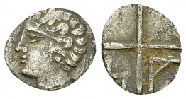 Massalia AR Obol, c. 220-121 BC 

Massalia, Gaul. AR Obol (10-11 mm, 0.50 g), c. 220-121 BC.
Obv. Bare head of Apollo left.
Rev. Wheel with four s...