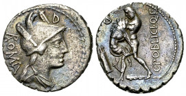 C. Poblicius Q. f. AR Denarius serratus, 80 BC 

C. Poblicius Q. f. AR Denarius serratus (18-19 mm, 3.92 g), Rome, 80 BC.
Obv. Draped bust of Roma ...