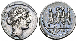 M. Iunius Brutus AR Denarius, 54 BC 

M. Iunius Brutus. AR Denarius (19-20 mm, 3.88 g), Rome, 54 BC.
 Obv. Head of Libertas to right, behind, LIBER...