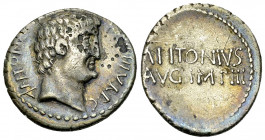 Marcus Antonius AR Denarius, 33 BC 

Marcus Antonius. AR Denarius (18-20 mm, 3.61 g), mint moving with M. Antonius 33 BC.
Obv. ANTON·A[VG·IMP·III·C...