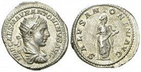 Elagabalus AR Antoninianus, Salus reverse 

Elagabalus (218-222 AD). AR Antoninianus (22-23 mm, 5.57 g), Rome.
Obv. IMP CAES M AVR ANTONINVS AVG, R...