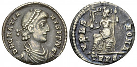 Gratianus AR Siliqua, Urbs Roma reverse 

Gratianus (367-383 AD). AR Siliqua (18 mm, 1.94 g), Trier, 367-375.
Obv. D N GRATIANVS P F AVG, Pearl-dia...
