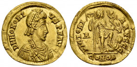 Honorius AV Solidus, Ravenna 

Honorius (393-423 AD). AV Solidus (20-21 mm, 4.39), Ravenna, 402-406.
Obv. D N HONORIVS P F AVG, Pearl-diademed, dra...