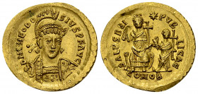 Theodosius II AV Solidus 

Theodosius II (402-450 AD). AV Solidus (20-22 mm, 4.46 g), Constantinople, AD 425-429.
Obv. D N THEODOSIVS P F AVG, diad...