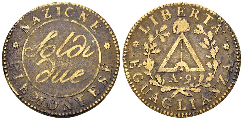 Nazione Piemontese, AE 2 Soldi anno 9 (1800) 

Italia, Nazione Piemontese. AE ...