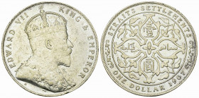 Straits Settlements AR Dollar 1907 

Straits Settlements. Edward VII. AR Dollar 1907 H (20.12 g).
KM 26.

Very fine.