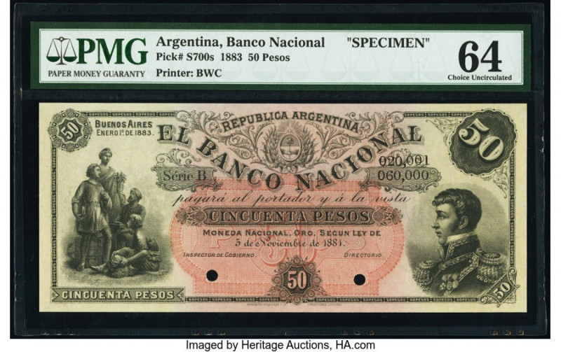 Argentina Banco Nacional 50 Pesos 5.11.1881; 1883 Pick S700s Specimen PMG Choice...