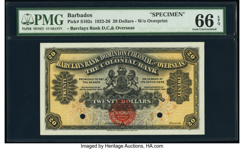 Barbados Barclays Bank 20 Dollars 1922-26 Pick S102s Specimen PMG Gem Uncirculat...