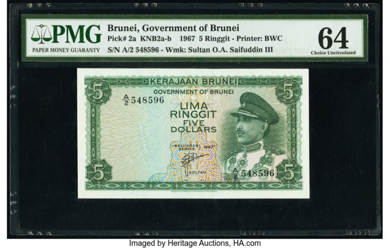 Brunei Government of Brunei 5 Ringgit 1967 Pick 2a KNB2 PMG Choice Uncirculated ...