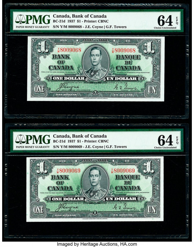 Canada Bank of Canada $1 2.1.1937 Pick 58d BC-21d Two Consecutive Examples PMG C...