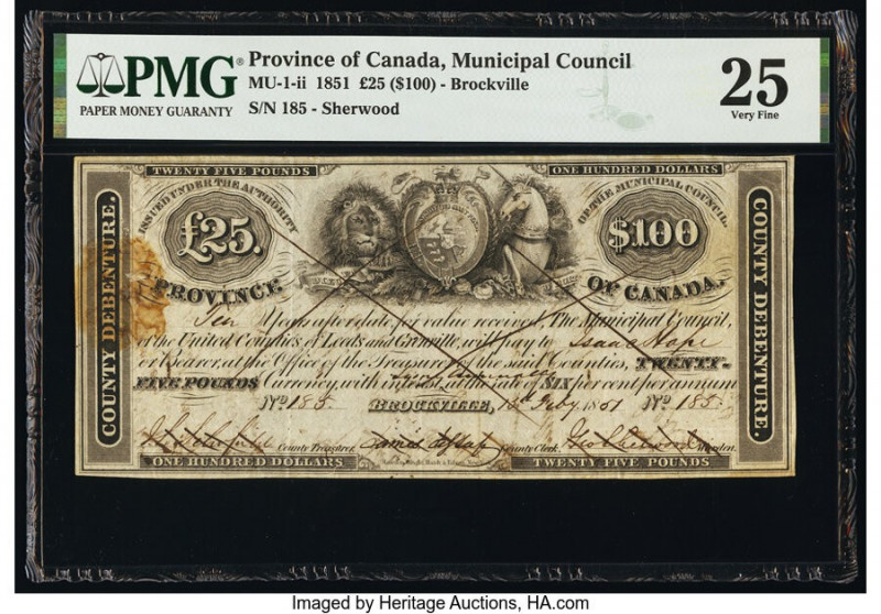 Canada Province of Canada 25 Pounds 15.2.1851 Pick MU-1-ii PMG Very Fine 25. Pen...