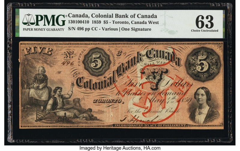 Canada Toronto, CW- Colonial Bank of Canada $5 4.5.1859 Pick S1679a Ch.# 130-10-...